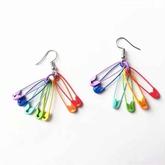 Rainbow Safety Pin Earrings For Women Minimalist Colorful Paperclip Drop - Picture 1 of 3